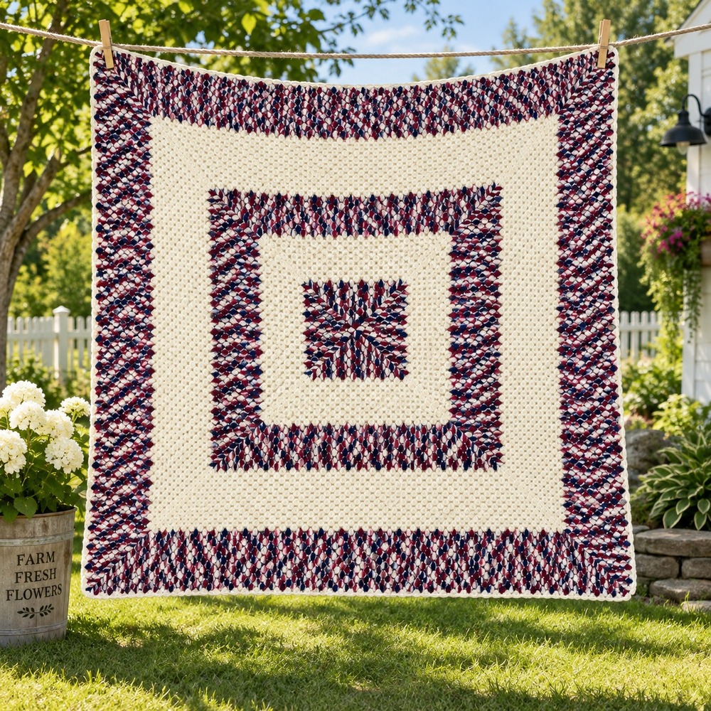 Handmade Crochet Blanket 60x60 White Blue Burgundy Granny Square Throw